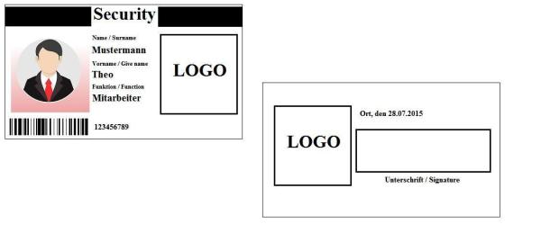 Ausweis Dienstausweis Security Sicherheitsdienst individuell beidseitig bedruckt